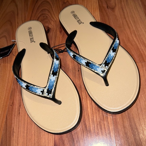Blue and Black beaded and rhinestone embellished Flip Flops Sandals - Picture 8 of 11